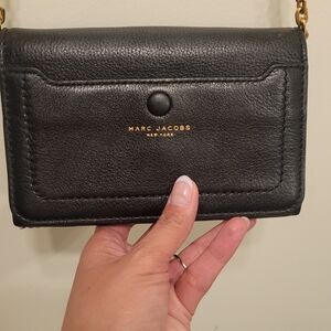Marc Jacobs Black Leather Mini Crossbody Wallet with Gold Logo